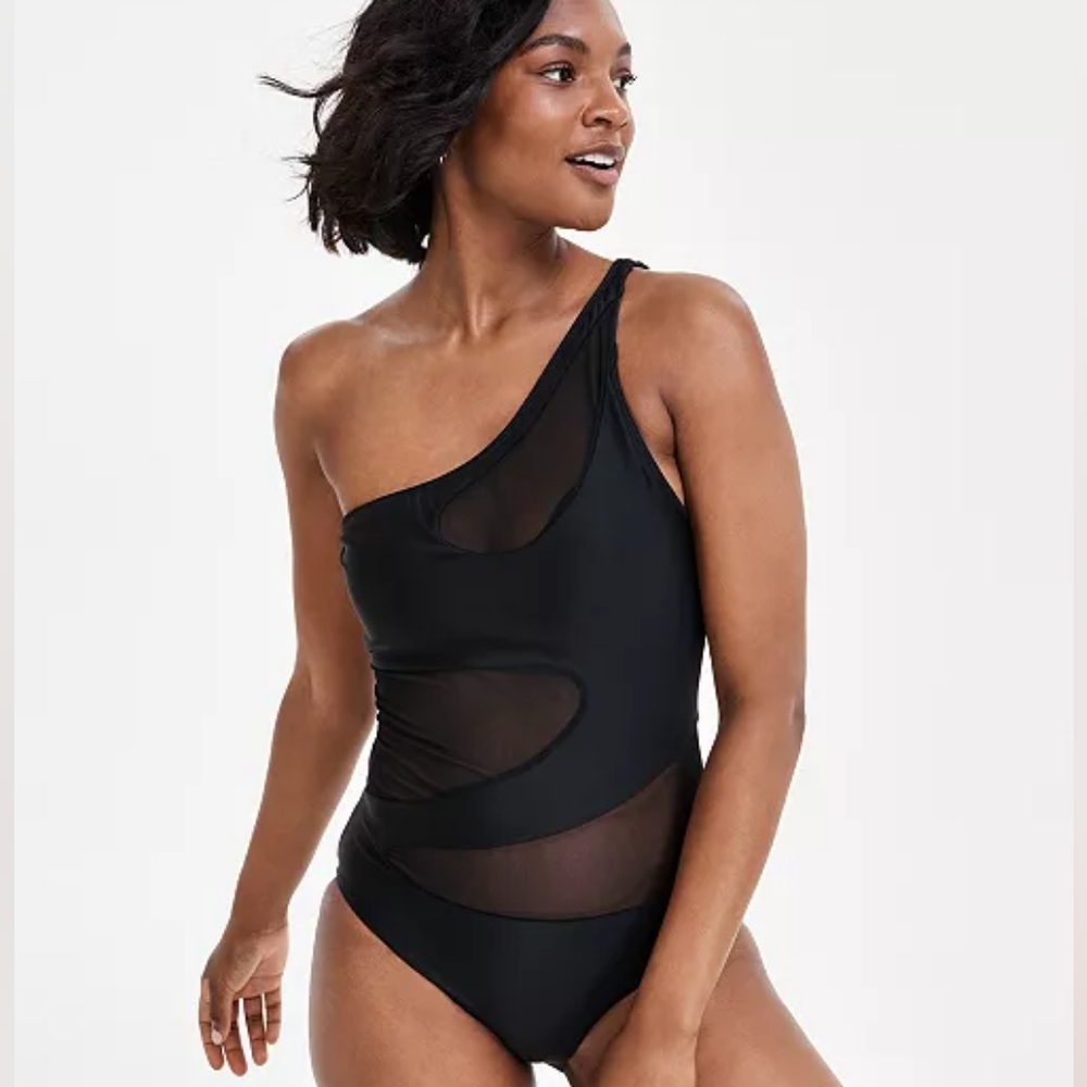 NWT Bar III Black One Shoulder Mesh Cutout One Piece Swimsuit Bathing Suit XL